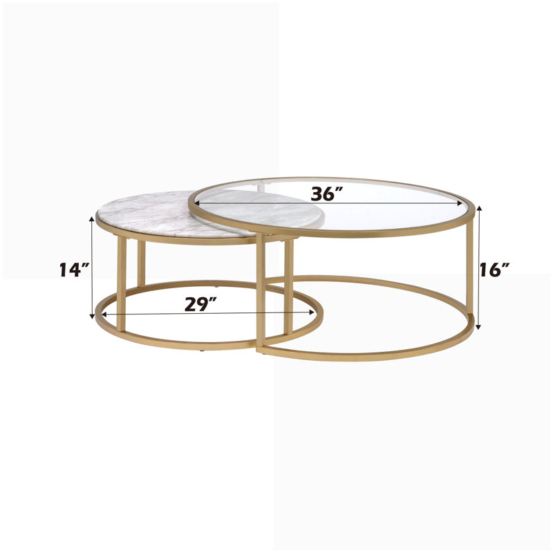Ensemble de tables basses gigognes 2 pièces avec plateau en métal doré, faux marbre et verre transparent