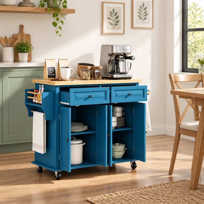 Chariot de cuisine avec deux armoires, tablettes réglables et roulettes pivotantes