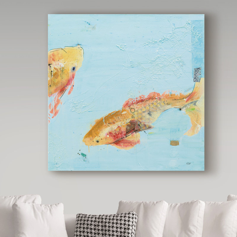 Aqua Blue and Goldfish Square Canvas Art, 35" x 35"