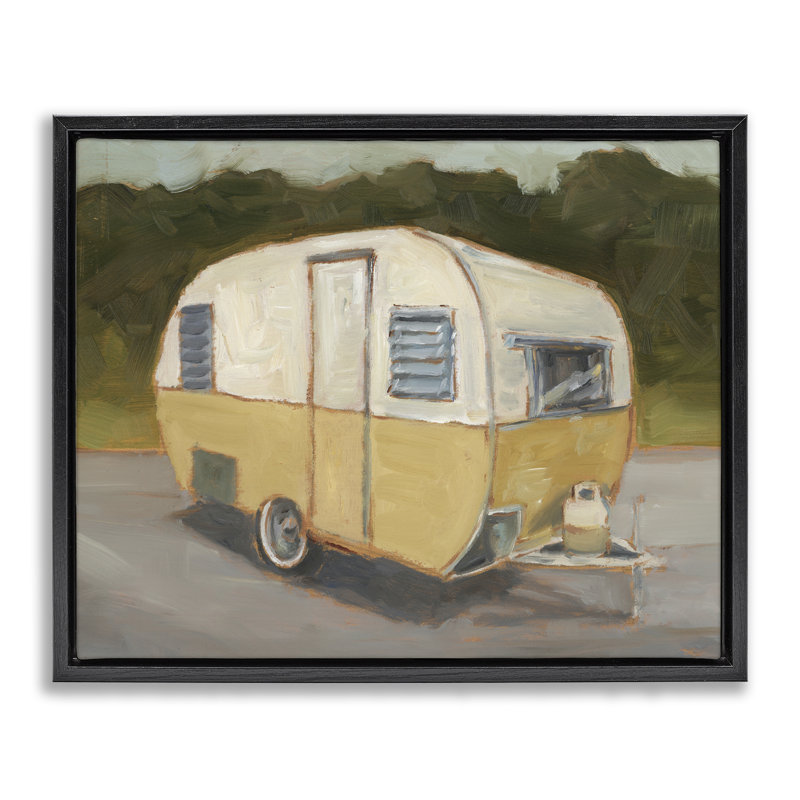 «Yellow Retro Camper», art mural encadré par Floater, H 17 po x l 21 po, Cadre flottant noir de jais