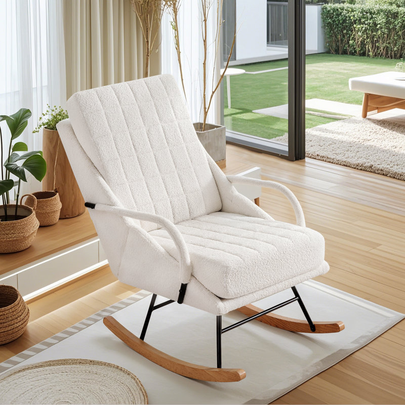 Chaise berçante en tissu avec fauteuil en peluche et fauteuil inclinable moderne Mid Century, Blanc