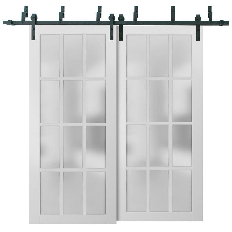 Portes coulissantes de placard à 12 carreaux en verre dépoli, style grange, Felicia 3312, blanc soie, rails robustes de 2 m, quincaillerie incluse, portes de placard de chambre en bois massif - 183 x 213 cm (2 x 91 x 213 cm)