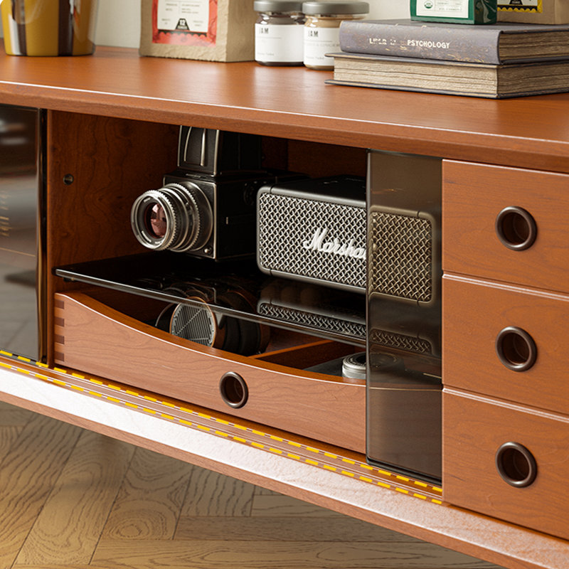 Meuble télé en bois massif avec pieds en métal, H 22,04 po x L 86,61 po x l 15,74 po