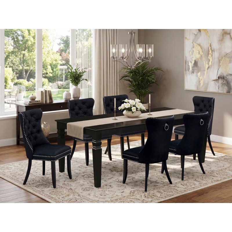 7 Piece Dining Table Set Consists of a Rectangle Kitchen Table with Butterfly Leaf and 6 Polyester Fabric Padded Chairs, Black