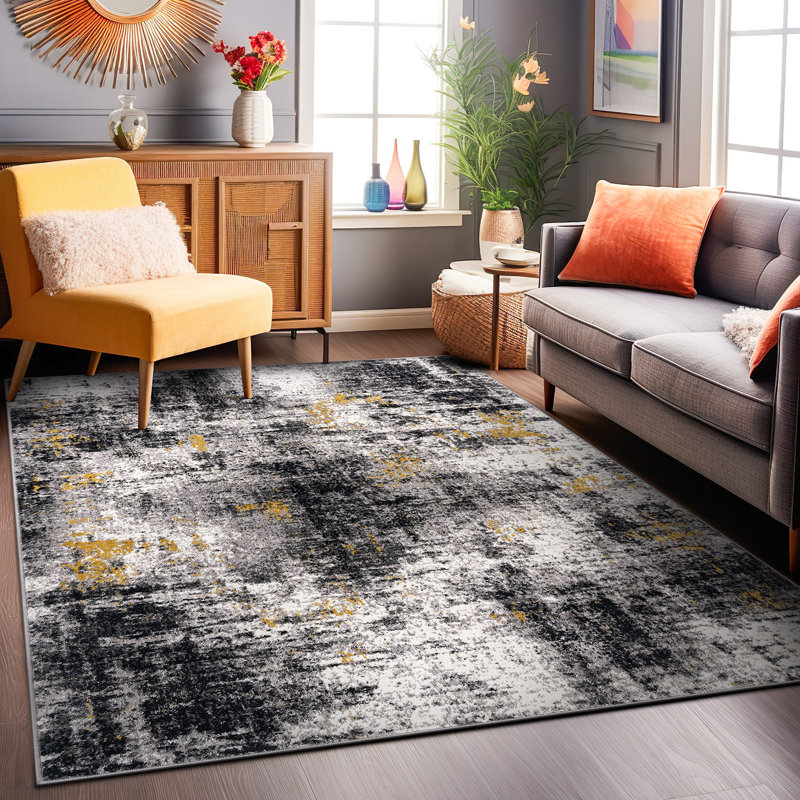 Abstract Yellow/Black/Gray Area Rug, Rectangle 7'10" x 10'