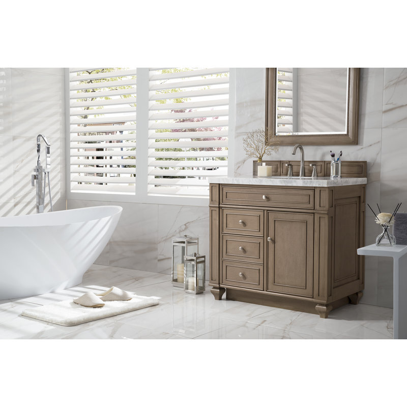 Bristol 36'' W Single Vanity, Carrara White, 8" Widespread, Whitewashed Walnut