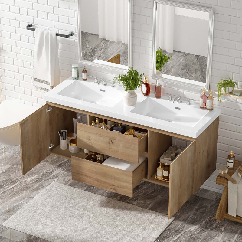 Meuble-lavabo moderne à double cuve avec plateau en SMC et rangement à fermeture en douceur, Ne s’applique pas