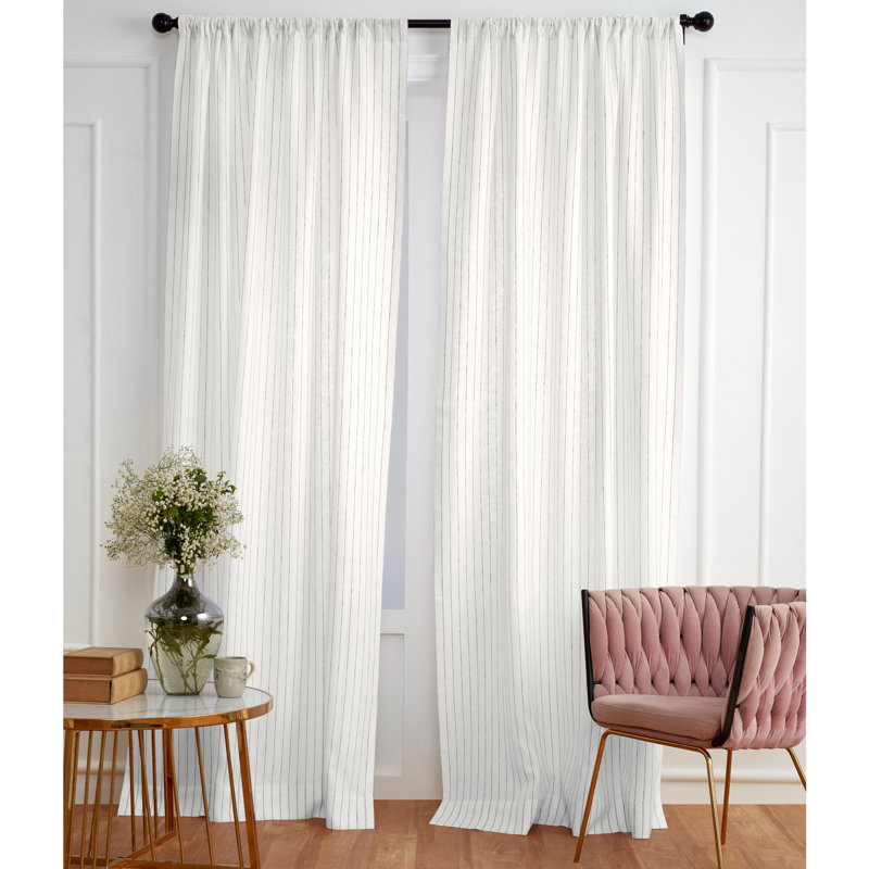 Pinstripe - 100% Pure Linen Curtain, White and Black, 52" W x 63" L