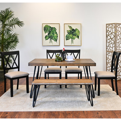 Ensemble de 6 tables à la mode: table en épingle à cheveux, 4 chaises, banc