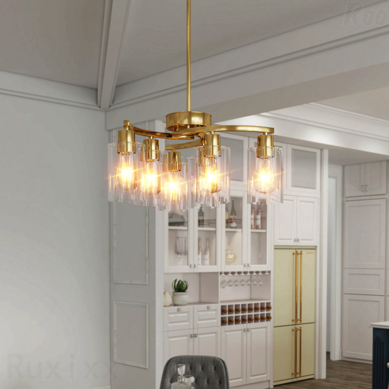 Lustre - configuration à 6 lumières, Six lumières, Doré, H 55 po x l 21,7 po x P 21,7 po