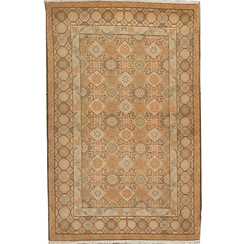 Tapis crème et brun clair de haute qualité noué à la main