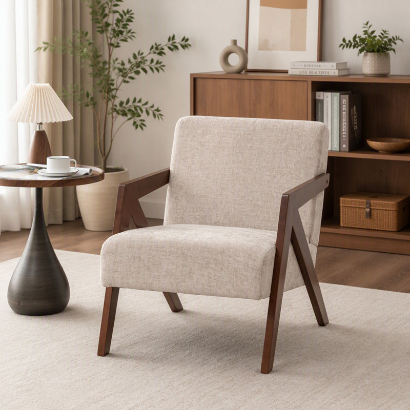 Chaise d'appoint Mid-Century moderne avec structure en bois et tissu de lin doux, Greige Chenille