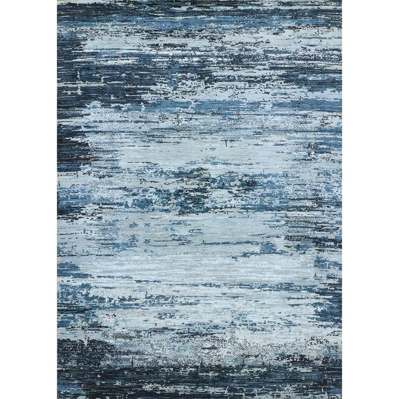 Tapis en laine noué à la main en bleu / gris, Rectangle 8 pi x 10 pi