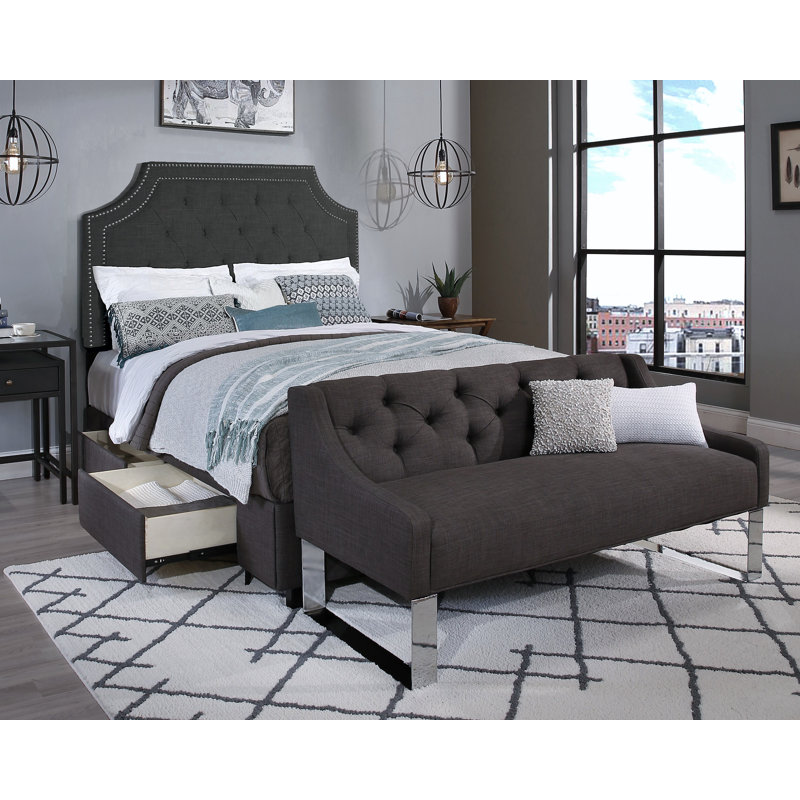 Austan Upholstered Platform Storage Bed and Matching Bench Set, Gray, Queen