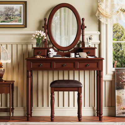 Vanity Desk With Adjustable Angle Mirror, Vintage Vanity Makeup Table And Cushioned Stool Set With Velvet Fabric Lining 5 Drawers,Wooden Dressing Table Set For Bedroom, Walnut