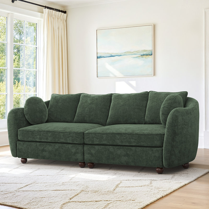 Gilardo 90.6 " Wide Modern Chenille Upholstered Sofa for Living Room, 3-Seater Couch with Solid Wood Legs, Dark Green