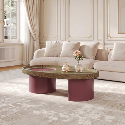 45.3" Modern Oval Coffee Table, Wood Grain MDF Center Table with Rounded Edges & Sculptural Pedestal Base for Living Room