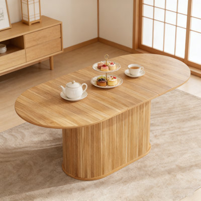 Extendable Arc-Shaped Dining Table With Striped Legs, Seats 4-6 And Fits Living Room Or Kitchen.