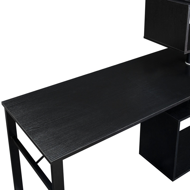 Home Office Computer Desk L-Shaped Corner Table, Rotating Computer Table With 5-Tier Bookshelf, Four Installation Methods, Lockable Casters (Black)