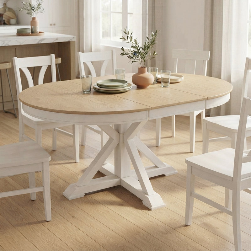 Retro Extendable Dining Table With Butterfly Leaf - Solid Wood Base, Oval/Round Convertible For 6 People, Off White