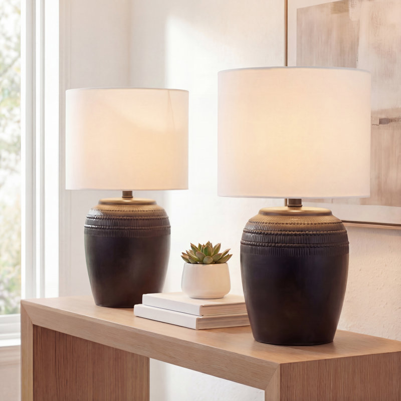 Hugo 16.75" Traditional Rustic Reeded Ceramic Vase LED Table Lamp, Black/Nickel