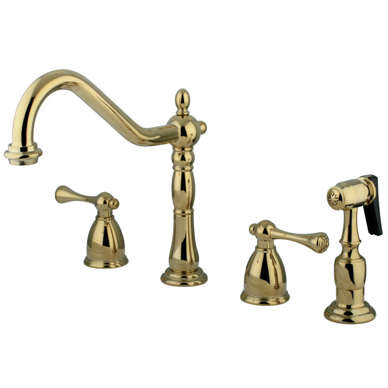 Kingston Brass English Country Double-Handle 4-Hole Widespread Kitchen Faucet with Brass Sprayer, Polished Brass