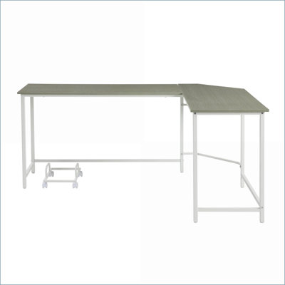 Bureaux gris moderne & amp; Bureau d'ordinateur en L blanc avec bordure biseautée | Métal, bois synthétique
