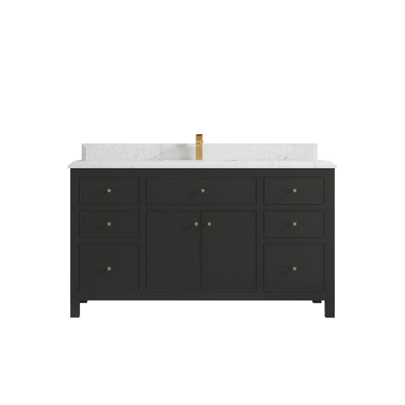 Ensemble de meuble-lavabo simple 60 po avec plateau en quartz Sonoma, Blanc, Noir