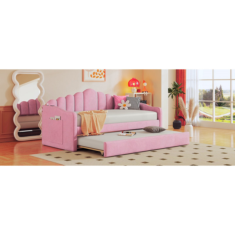 Lit de jour simple tapissier avec couchette, canapé-lit en velours avec ports USB, aucun sommier nécessaire, rose (ancien SKU HL000067AAH)