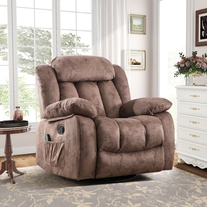 37.4" Wide Contemporary Compact Microfiber Swivel Rocker Manual Recliner Chair with Heat and Massage, Dune Shadow