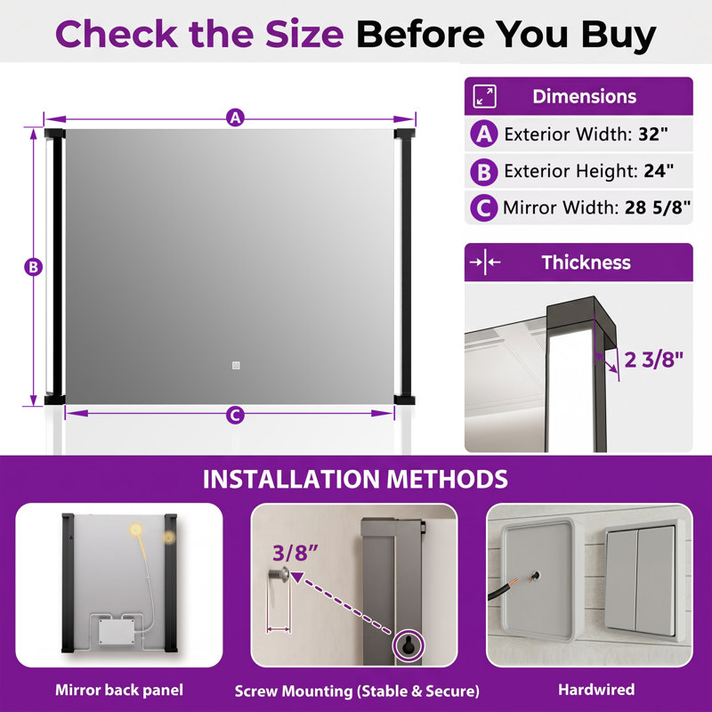 Miroir de meuble-lavabo à DEL 32 po x H 24 po avec bras rotatifs à 270 °, gradation intelligente et mémoire