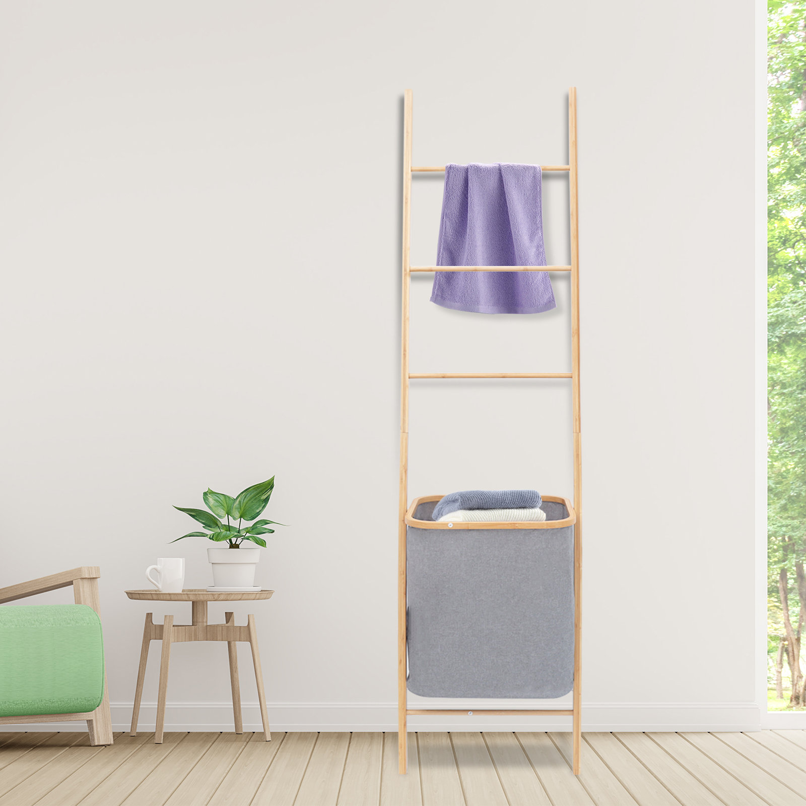 Latitude Run® Bamboo Laundry Basket Bath Towel Ladder Rack Laundry ...