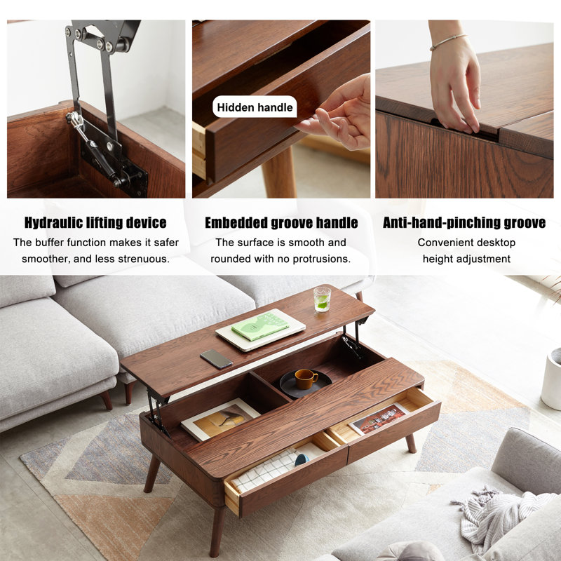 Elevating Center Table Low Table 100% Solid Oak Wood Top Plate Desk Coffee Table Width 100 x Depth 60 x Height 45 cm Study Desk Work From Home Easy To Assemble Walnut Color Wood With Storage Shelf