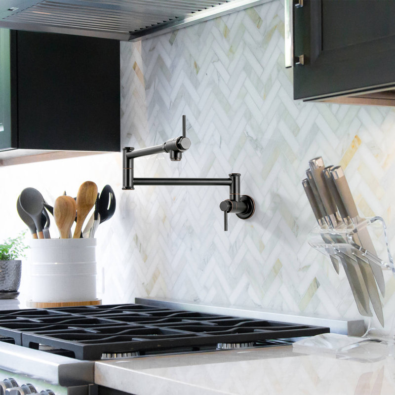 Robinet de cuisine mural en laiton massif avec bras rétractable, Bronze frotté à l'huile