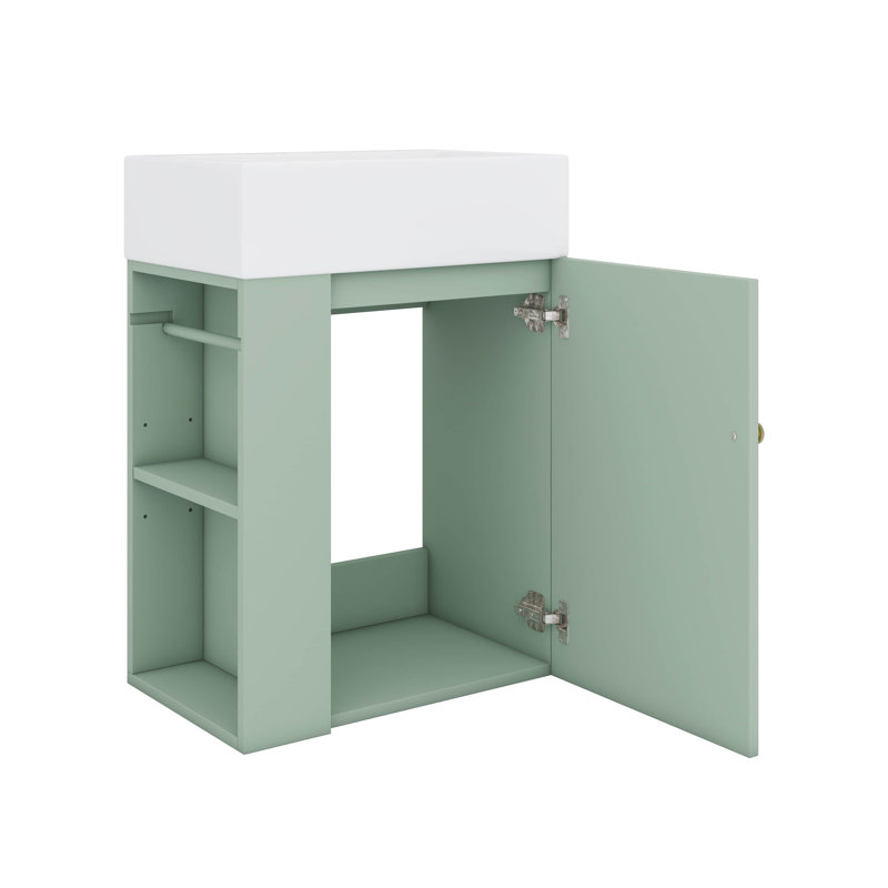 Meuble-lavabo compact de 20 po, lavabo en céramique, porte à motif de losanges, poignées dorées, tablettes latérales, Vert