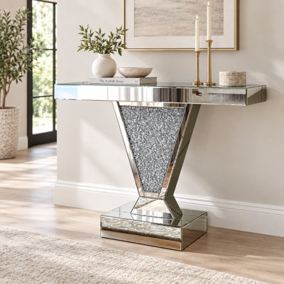 Console à miroir à effet diamant, table d'entrée moderne en verre argenté réfléchissant avec incrustation de cristal en forme de V