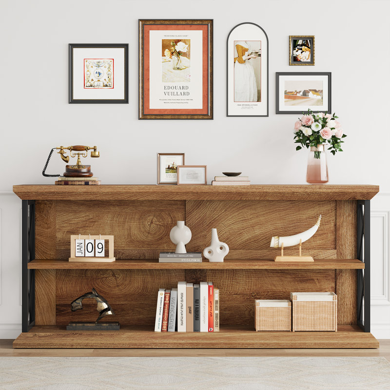 Console en chêne de 63 po, table d'entrée industrielle à 3 niveaux avec tablettes de rangement, support en métal à structure en X, table de canapé pour le salon, le couloir et le vestibule