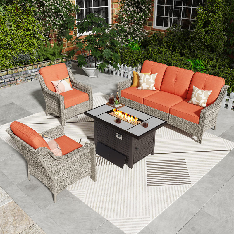 Wicker 6 - Person Patio Conversation Set with Cushions, Orange