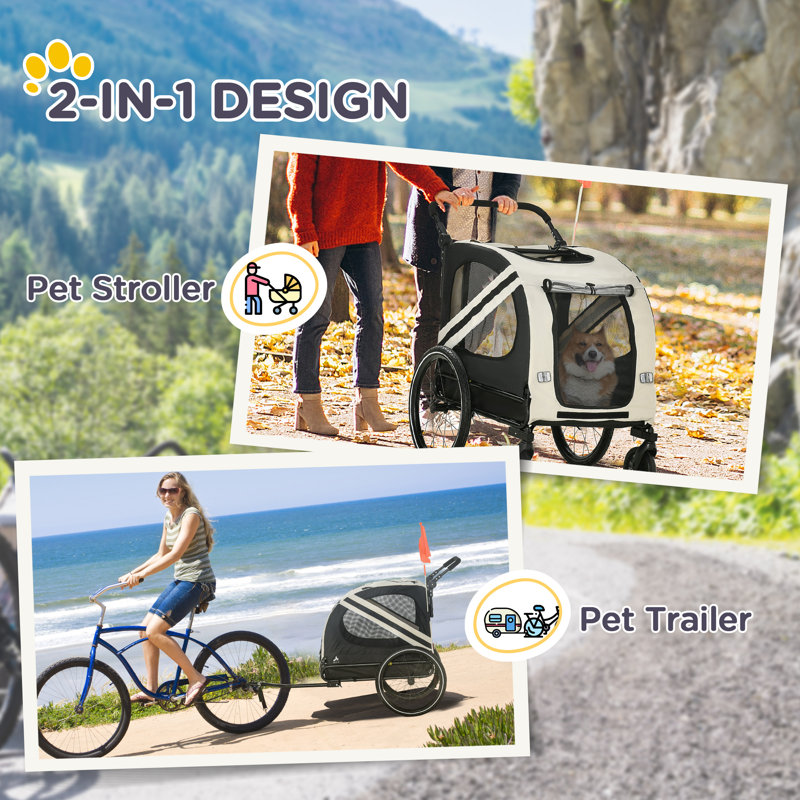 White Foldable Pet Bike Trailer and Stroller with Detachable Carrier