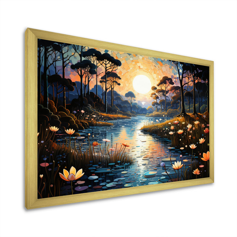 «Blue Green Pointillism River at Night IV», reproduction sur toile, H 24 po x l 32 po x P 1 po, Encadrement doré