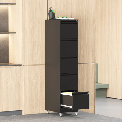Classeur vertical noir à 5 tiroirs sur roulettes, verrouillage de haute sécurité, convient aux dossiers de format A4 / lettre / légal, fabrication en acier, bureau silencieux en métal avec serrure et roulettes, bureau à domicile, suspension réglable