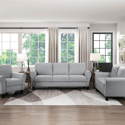 Canapé moderne 1 pièce en tissu texturé gris foncé rembourré avec accoudoirs arrondis et coussins pour salon