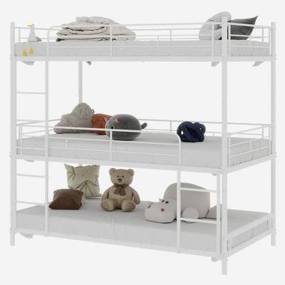 Lit robuste à triple structure avec échelle intégrée et garde-corps sur toute la longueur, sans danger pour les enfants / adolescents / adultes, chambre / dortoir, sans ressorts requis, facile à assembler