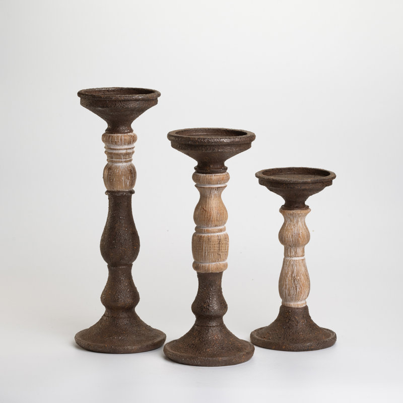 Ensemble de 3 chandeliers en fonte rustique avec finition en bois patiné et résine, 3 pièces pour bougies à DEL