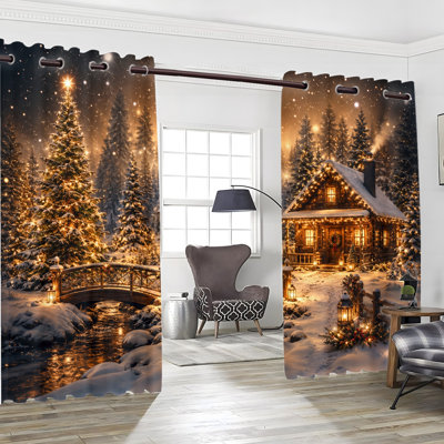 2Pcs rideaux occultant avec œillets de Noël, rideau d'hiver avec rideaux imprimés de lumières de fée, obscurcissement thermique isolant, réduction du bruit et protection de la vie privée, obscurcissement de la chambre à coucher, cuisine, intérieur, décoration intérieure