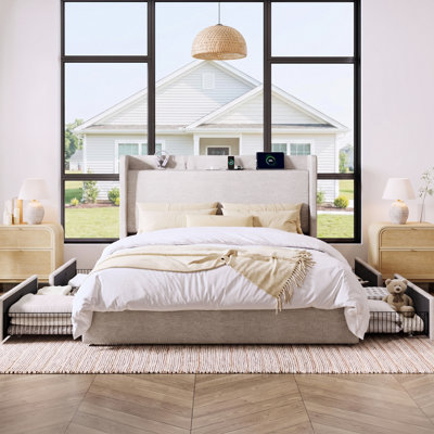 Modern Linen Upholstered Storage Bed Frame with 4 Drawers, Wingback Platform Bed with Charging Station and Storage Headboard, No Box Spring Needed