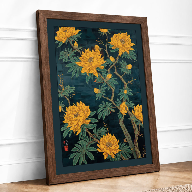 Golden Chrysanthemums Botanical - Framed Print, A2 - 59.4 x 42.0 cm, Walnut