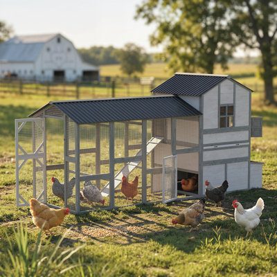147" Extra Large Chicken Coop, Wooden Hen House for 8-10 Hens, Outdoor Chicken House Poultry Hutch with Run, Pull-Out Tray, Nesting Box, Ventilated Windows, Ramp for Rabbit Duck, Grey