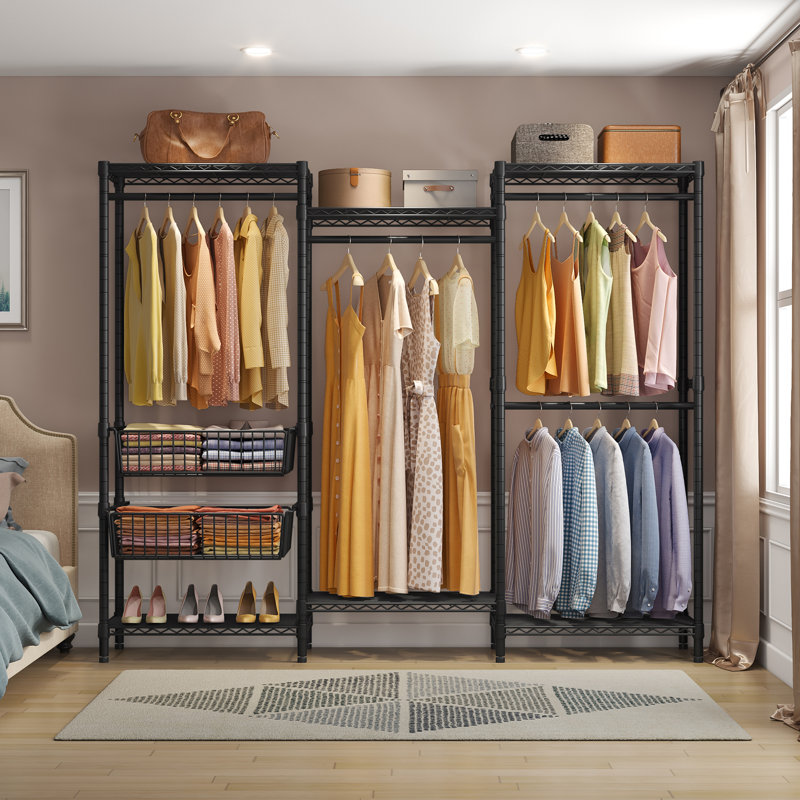 Black Heavy Duty Freestanding Metal Garment Rack with Wire Shelves