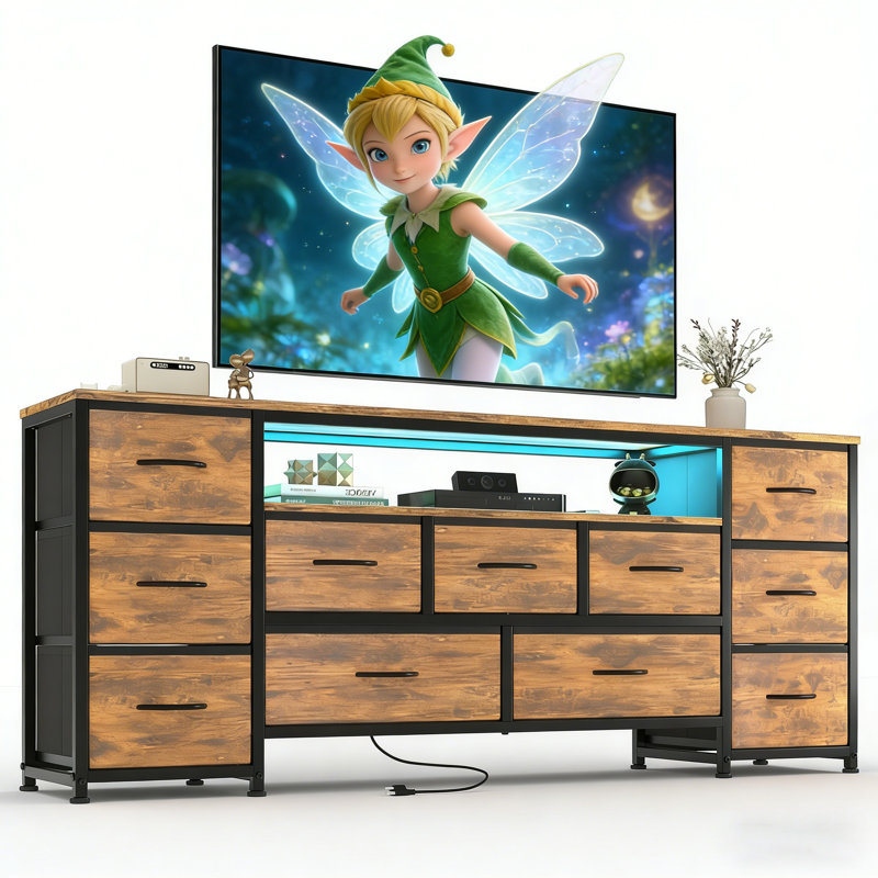 11 Drawer Dresser for with Power Outlets and LED Lights, 63 Inch TV Stand for 65, 70 Inch TV, Entertainment Center with Storage, Wide Chest of Drawers with Open Shelves for Living Room, Bedroom